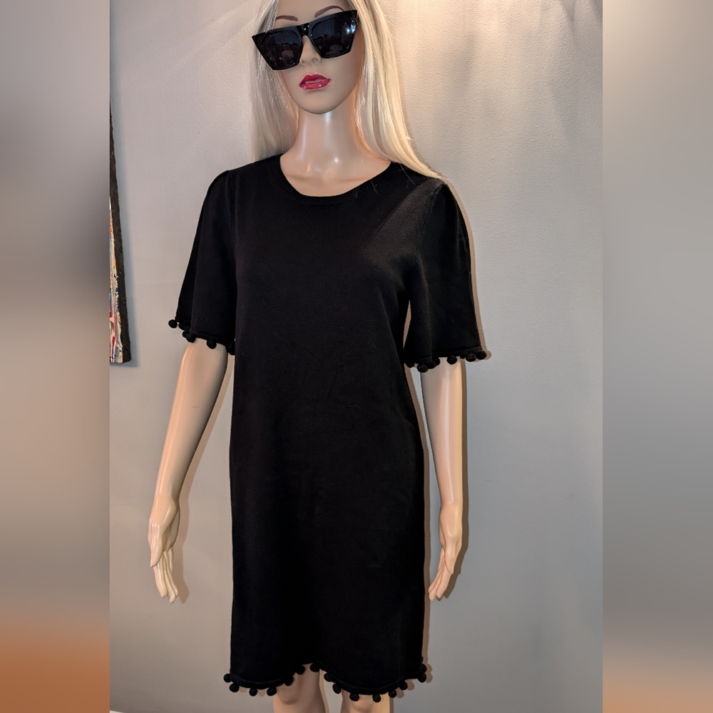 NWT BANANA REPUBLIC Black tshirt style Dress w POMPOM trim!! Cotton Size Small
